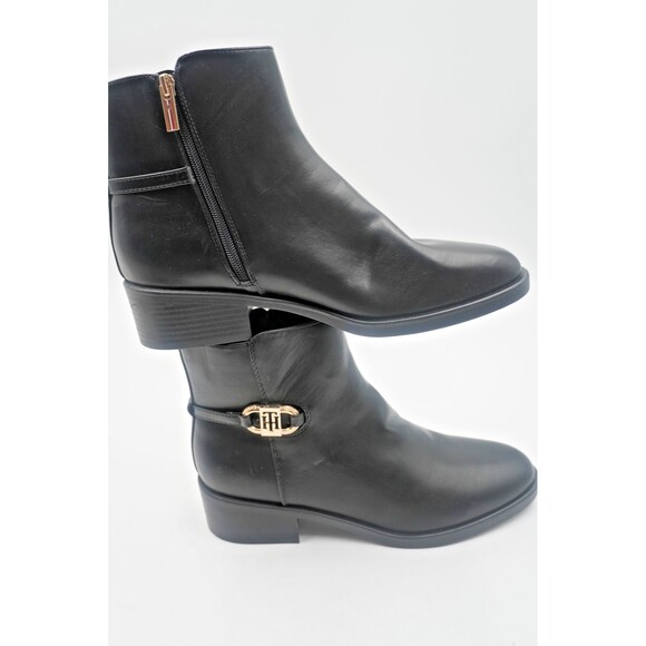 Tommy Hilfiger Women's Black Leather Ankle Gold Buckle Block Heel Booties Sz 11M - Picture 2 of 14